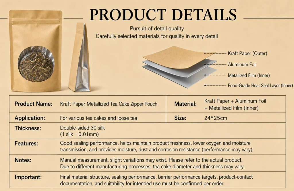 Kraft paper metallized tea cake zipper pouch detail 1