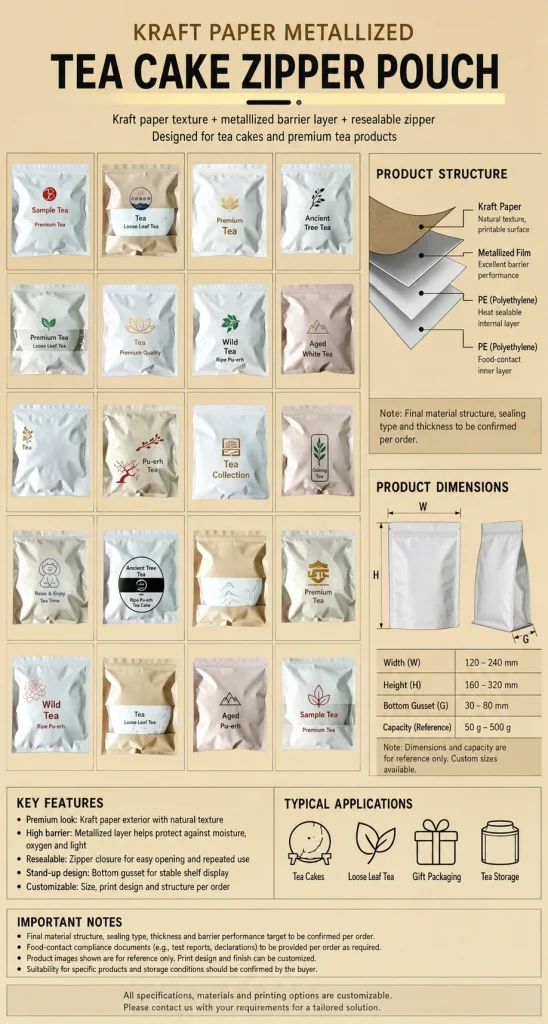 Kraft paper metallized tea cake zipper pouch detail 3