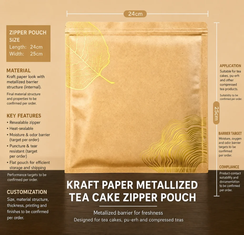 Kraft paper metallized tea cake zipper pouch detail 4