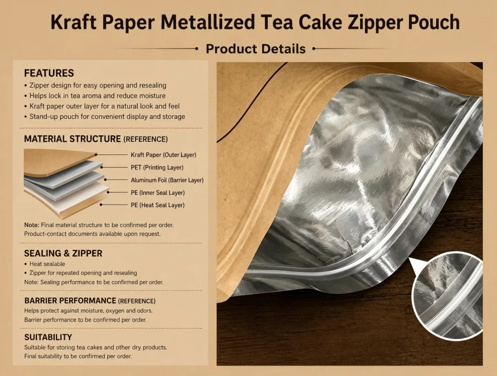 Kraft paper metallized tea cake zipper pouch detail 5