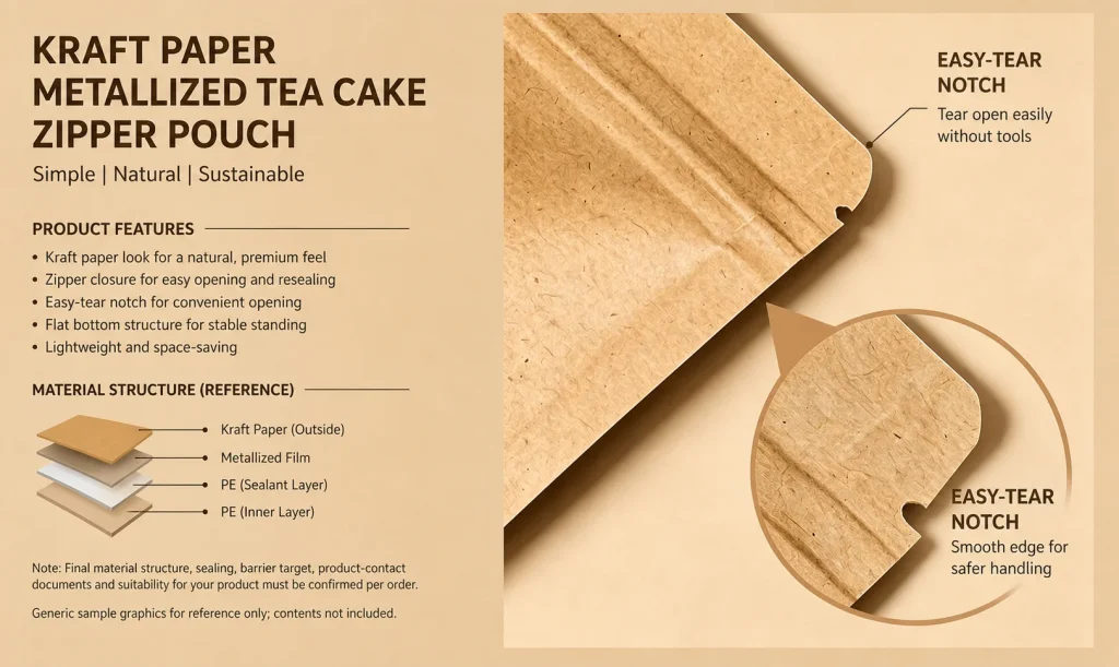 Kraft paper metallized tea cake zipper pouch detail 7