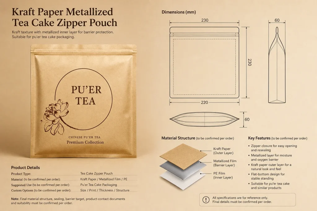 Kraft paper metallized tea cake zipper pouch detail 9