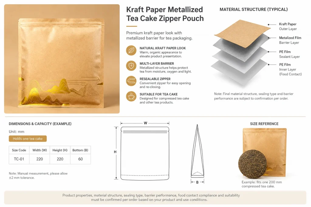 Kraft paper metallized tea cake zipper pouch detail 10