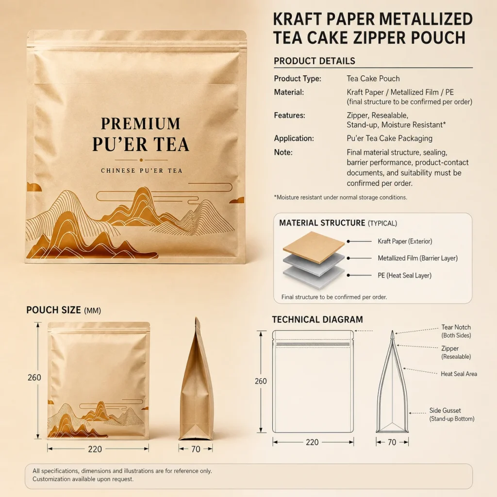 Kraft paper metallized tea cake zipper pouch detail 11