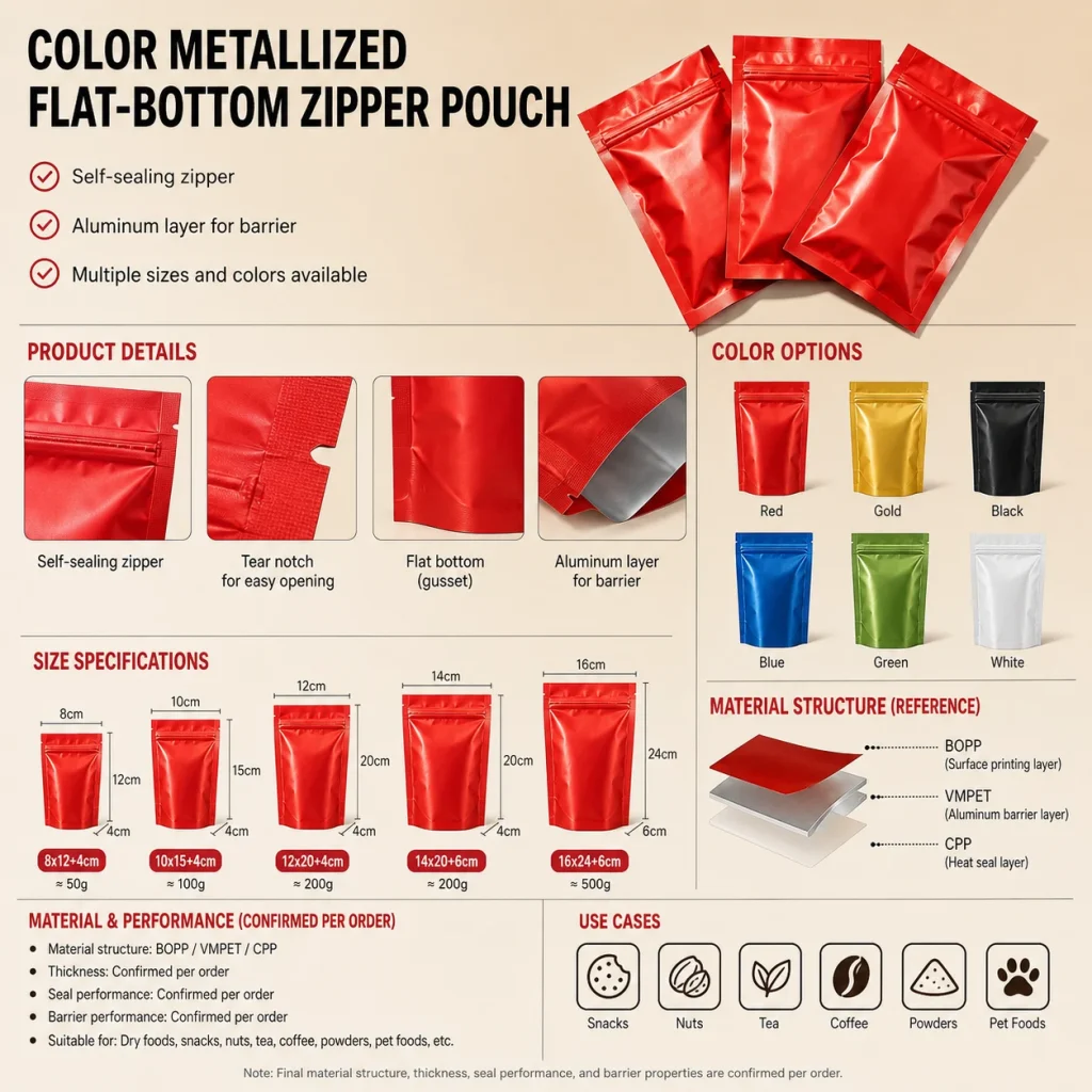 Color metallized flat-bottom zipper pouch detail 1