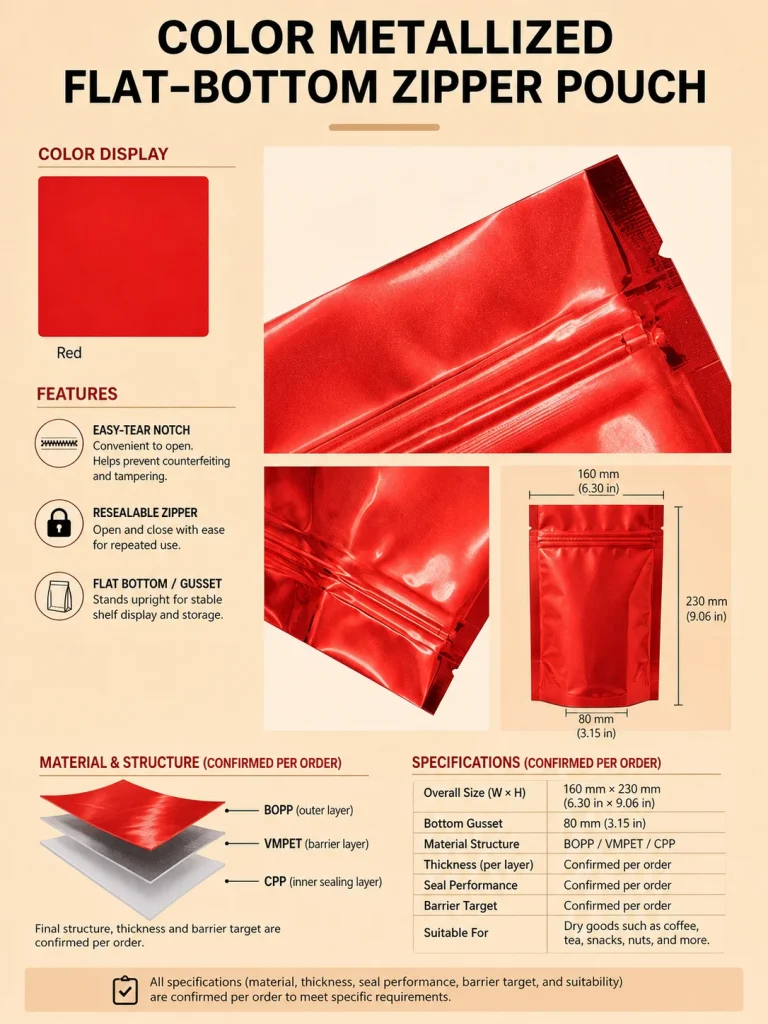 Color metallized flat-bottom zipper pouch detail 2