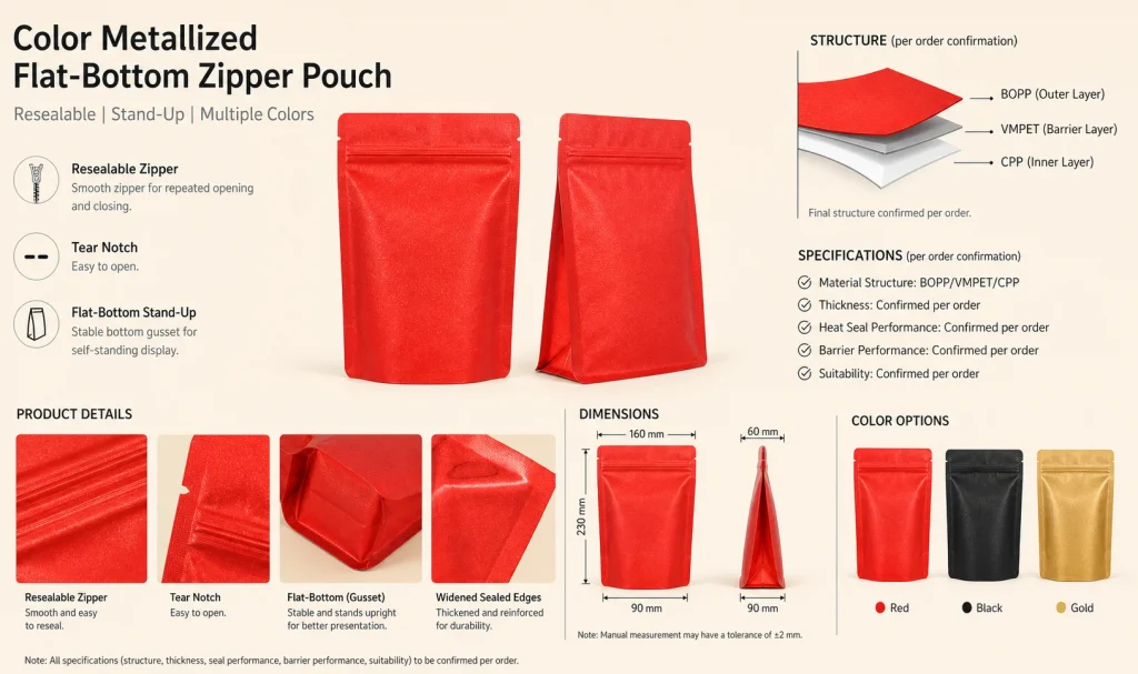 Color metallized flat-bottom zipper pouch detail 3