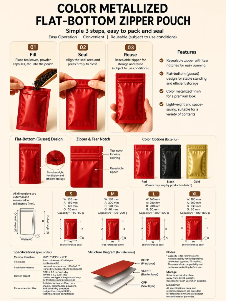 Color metallized flat-bottom zipper pouch detail 4