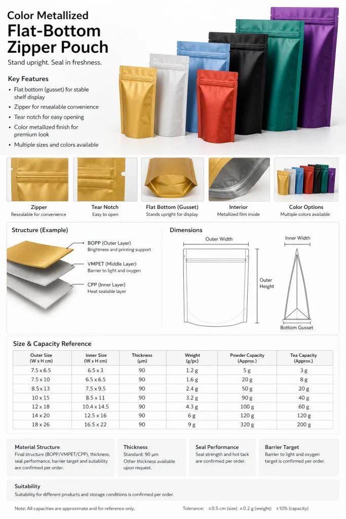 Color metallized flat-bottom zipper pouch detail 5