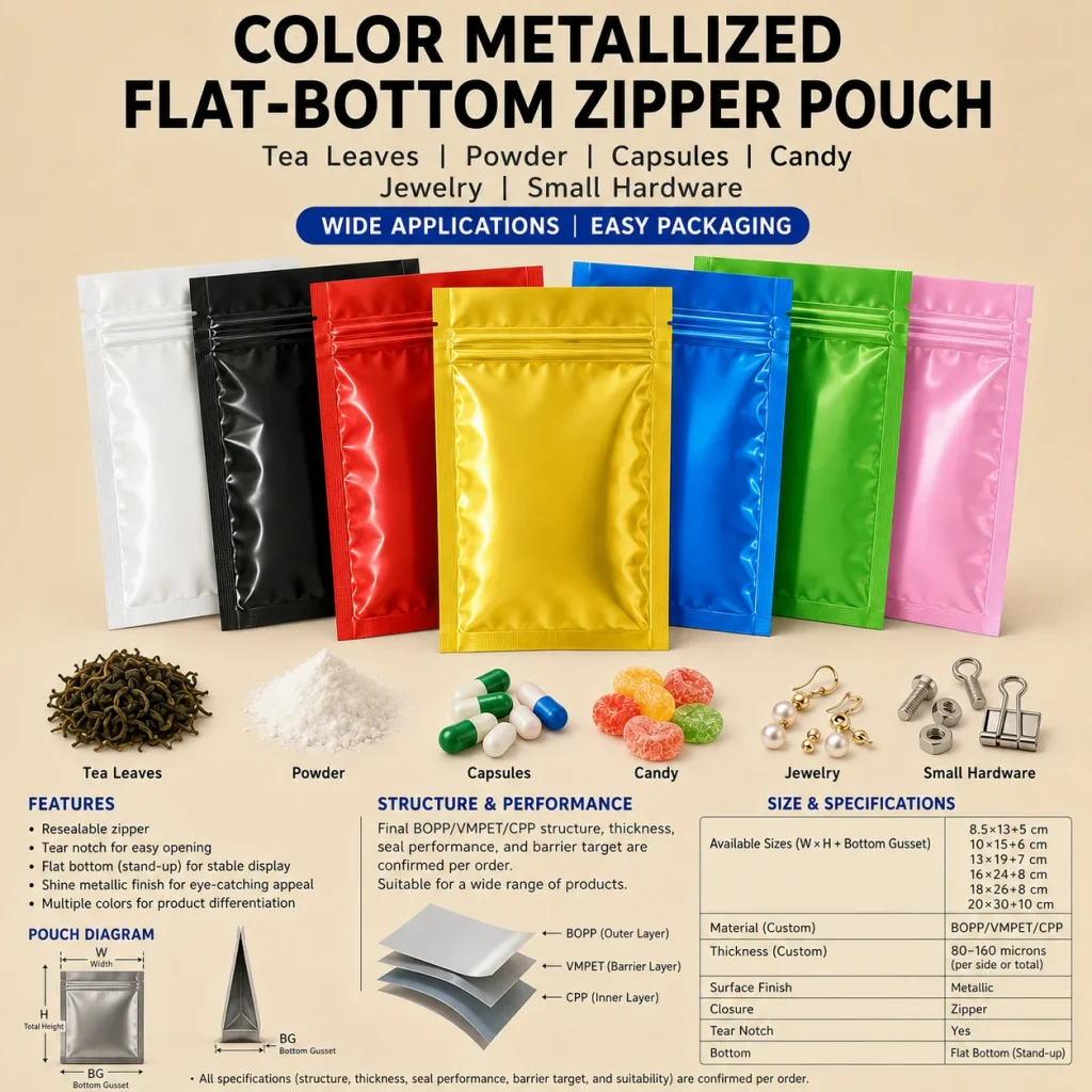 Color metallized flat-bottom zipper pouch detail 6