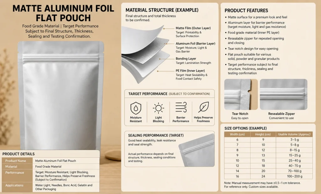 Matte aluminum foil flat pouch detail 1