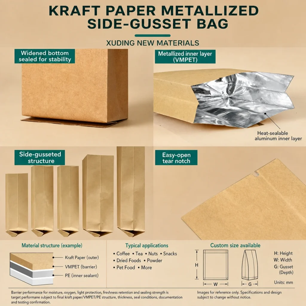 Kraft paper metallized side-gusset bag detail 2