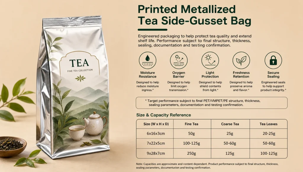 Printed metallized tea side-gusset bag detail 1