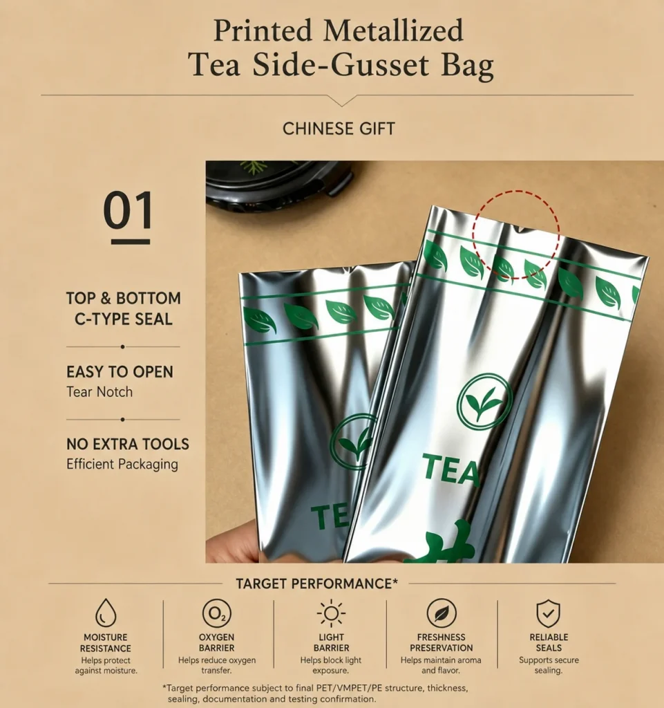 Printed metallized tea side-gusset bag detail 2