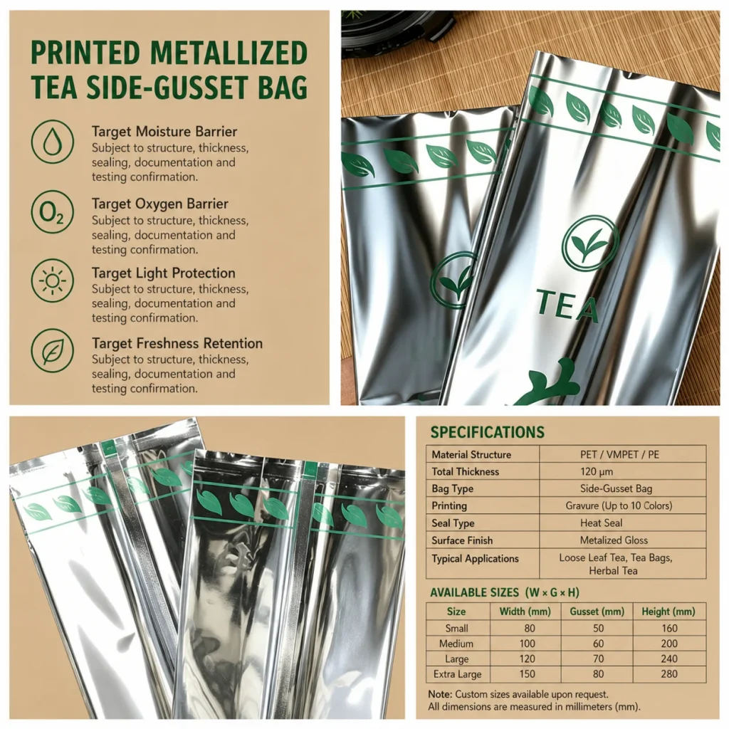 Printed metallized tea side-gusset bag detail 4
