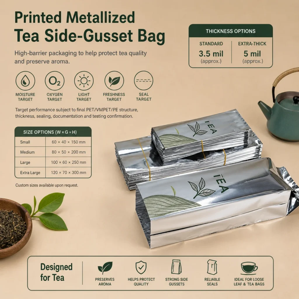 Printed metallized tea side-gusset bag detail 5