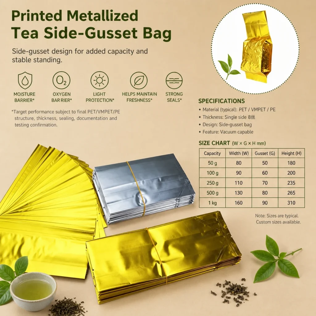 Printed metallized tea side-gusset bag