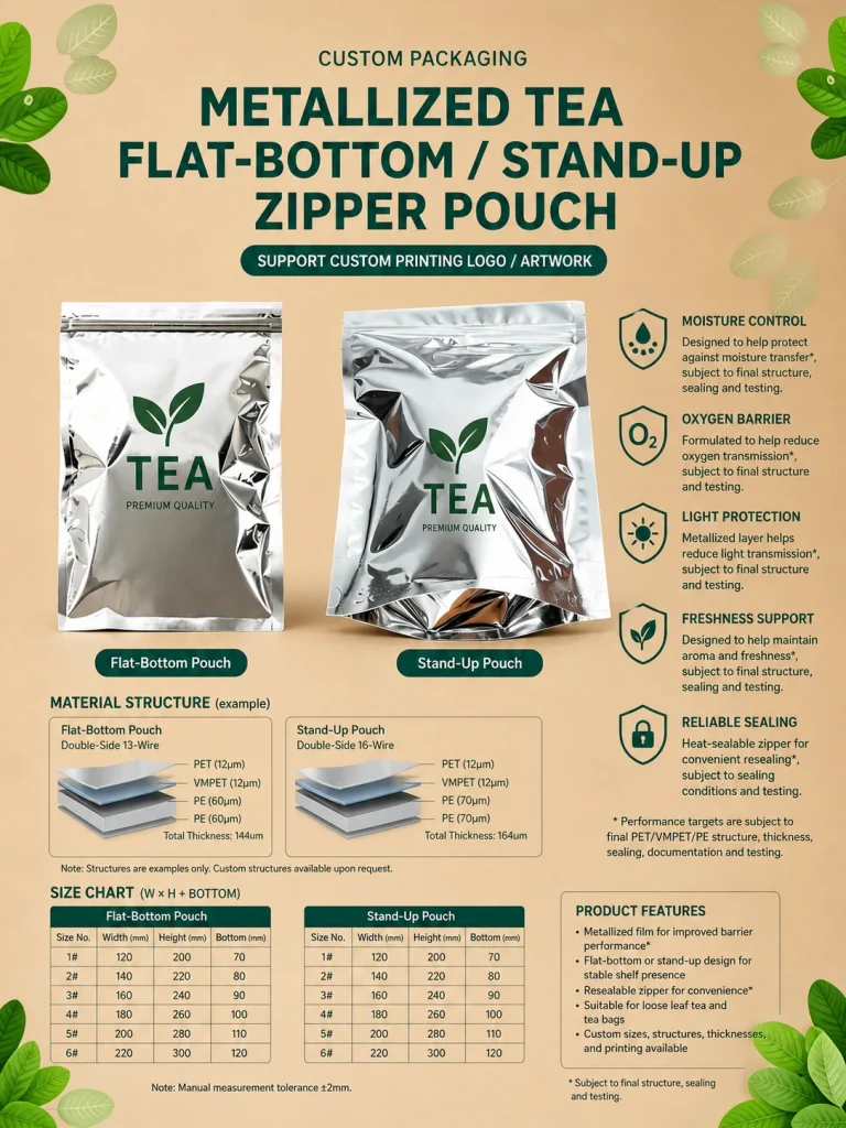 Metallized tea flat-bottom and stand-up zipper pouch detail 1