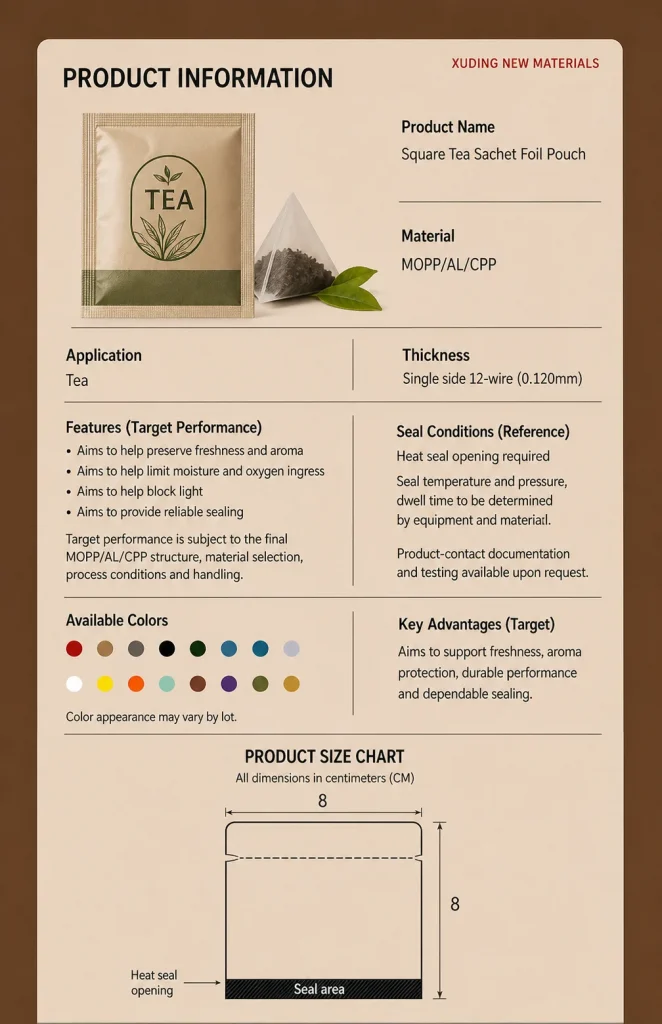 Square tea sachet foil pouch detail 1
