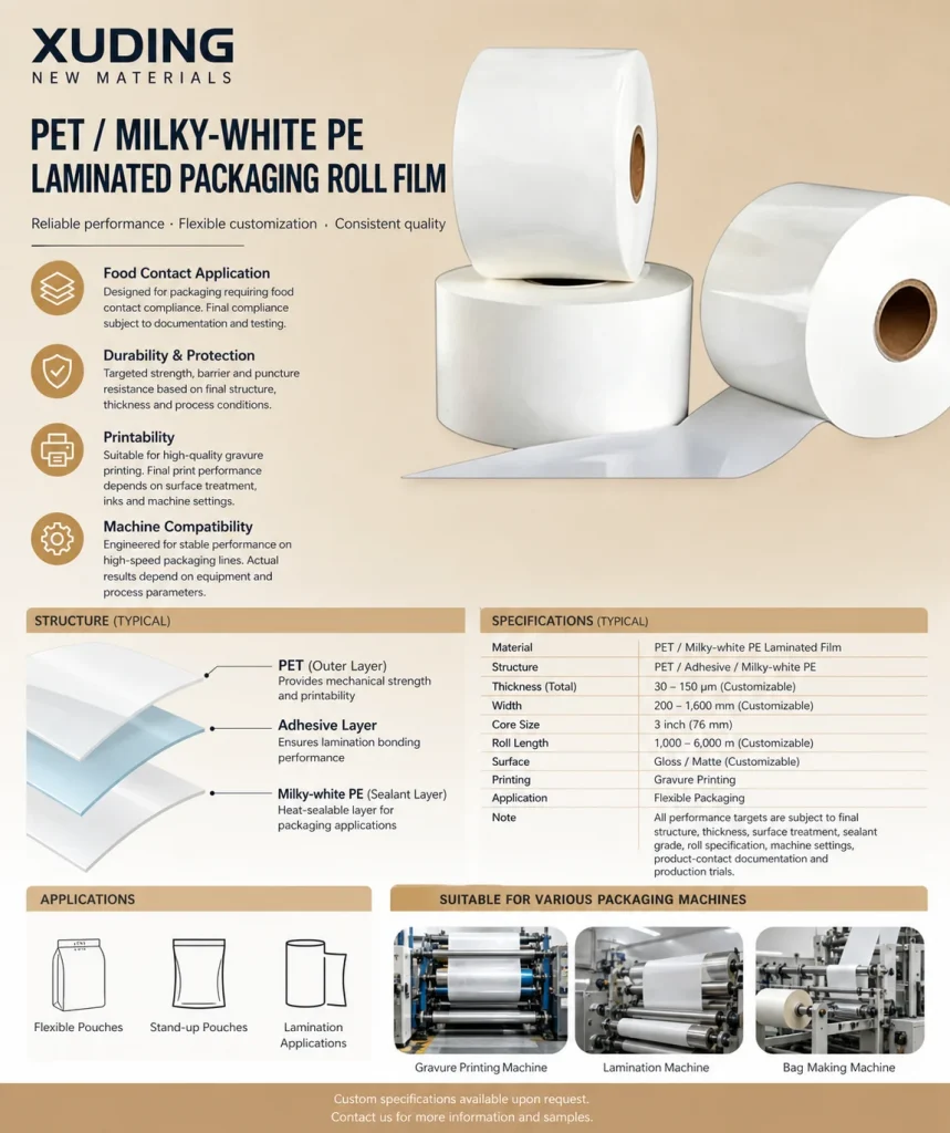 PET / Milky-White PE Laminated Packaging Roll Film – product detail 1